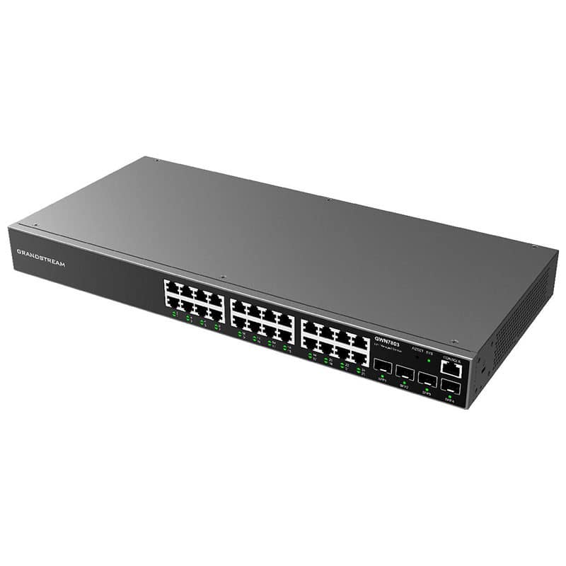 Vue avant du Switch Grandstream GWN7803 avec 24 ports Ethernet et 4 ports SFP pour réseau professionnel